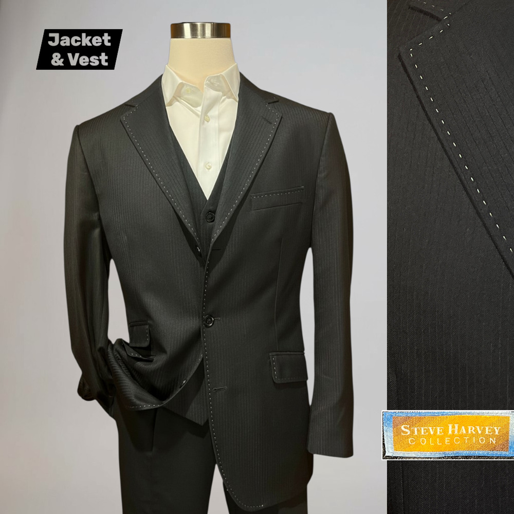 Steve Harvey 44L Black Jacket & Vest Tonal Ghost Stripe White Stitching